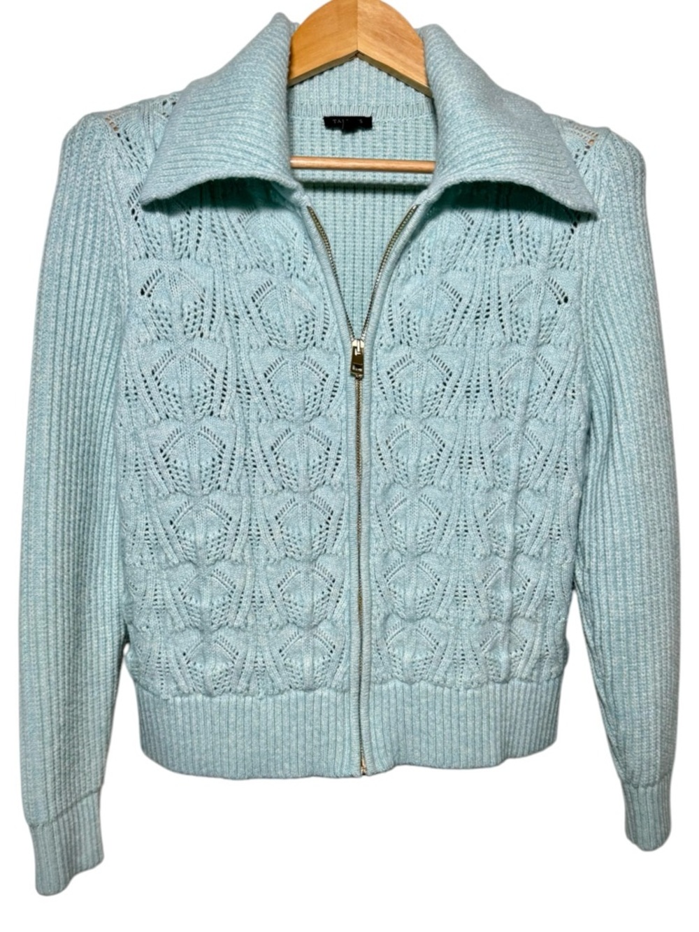 Talbots Cropped Zip Cardigan Pointelle Knit Ribbed Sweater Jacket Teal Petite L